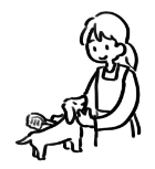 犬にブラッシングする女性トリマーの白黒イラスト